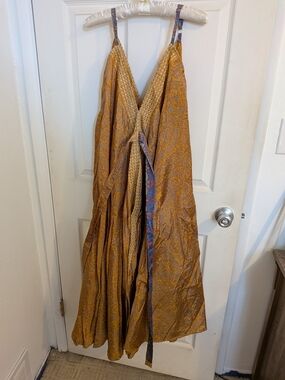 Mustard Yellow/ Gold Paisley Maxi Sundress with Contrasting Tie, For Festivals